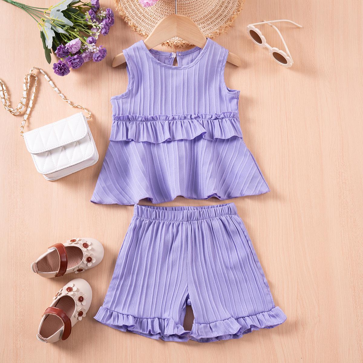 

2025 Girls Sleeveless Ruffle Shorts Set - Lightweight and Breathable for Summer 110cm (3-4Y) фіолетовий