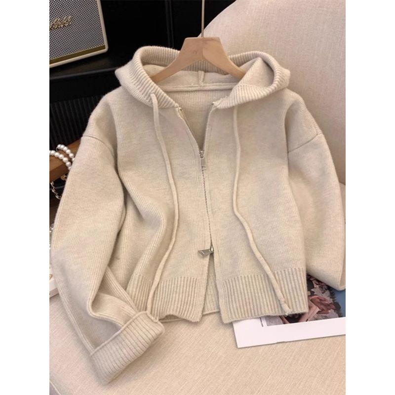 

Lazy Zipper Age-Reducing Outer Wear Cardigan Hooded Sweater Apricot color S [Recommendation 70/45.00kg]]