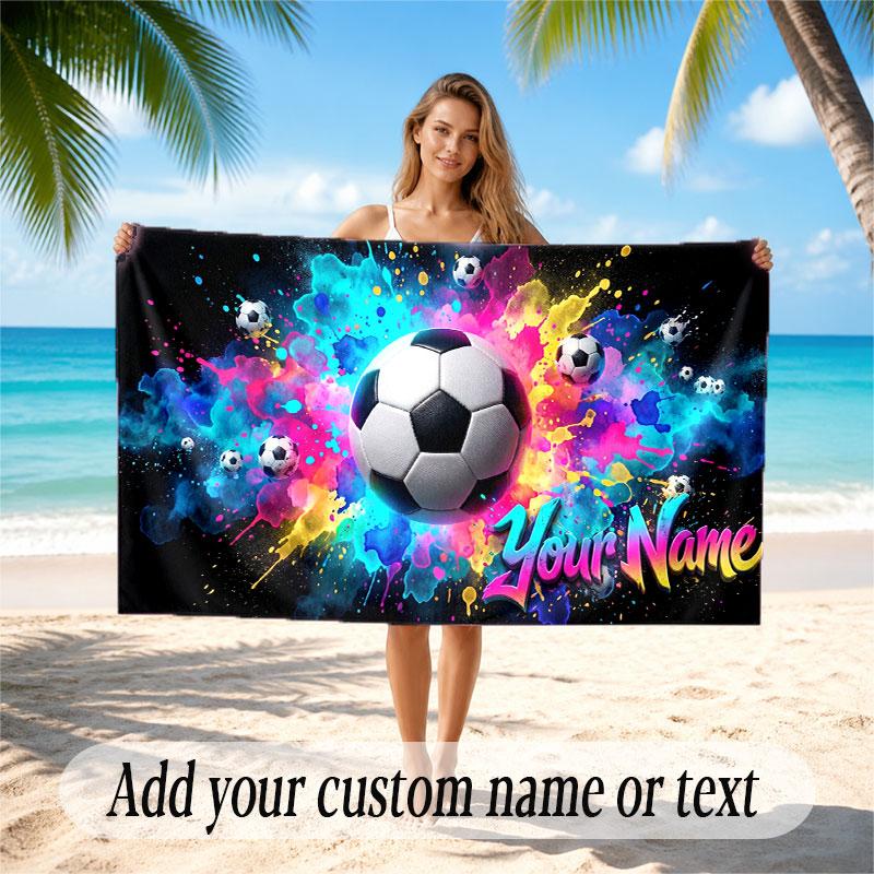 Soccer Theme Beach Towel Personalized Custom Name & Text Soft Quick Dry Beach Towel for Swimming Travel