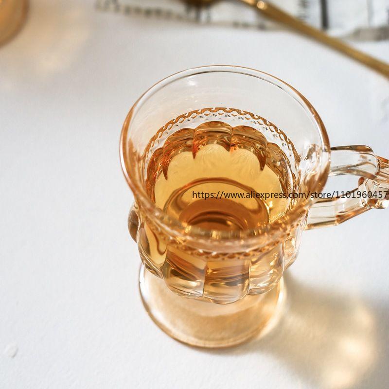 3PCS Amber Glass Cups Vintage European Style Cute Design for Tea Black Tea Milk Tea Wine Drinks