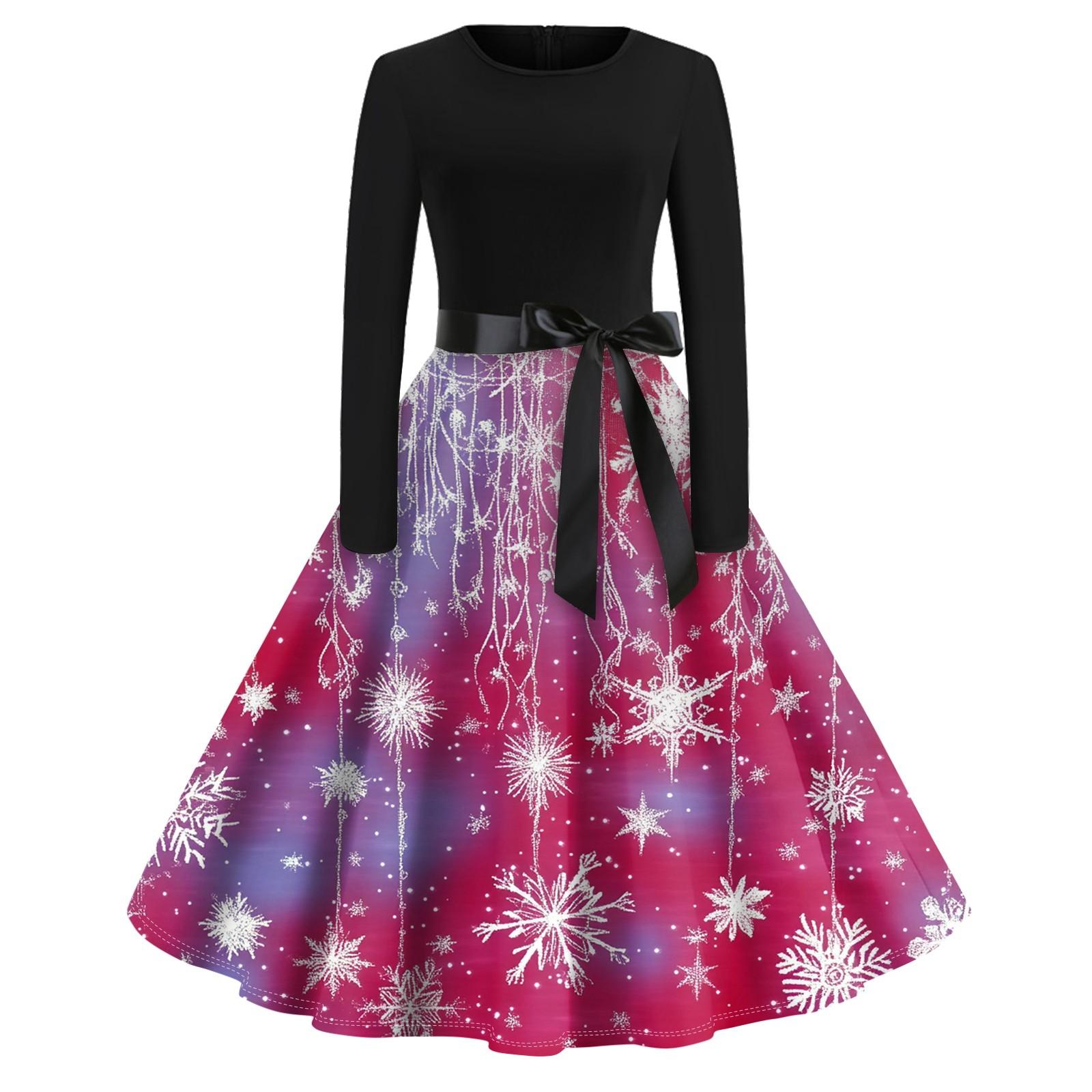 Женское винтажное классическое платье с длинным рукавом и рождественским принтом — фото 7