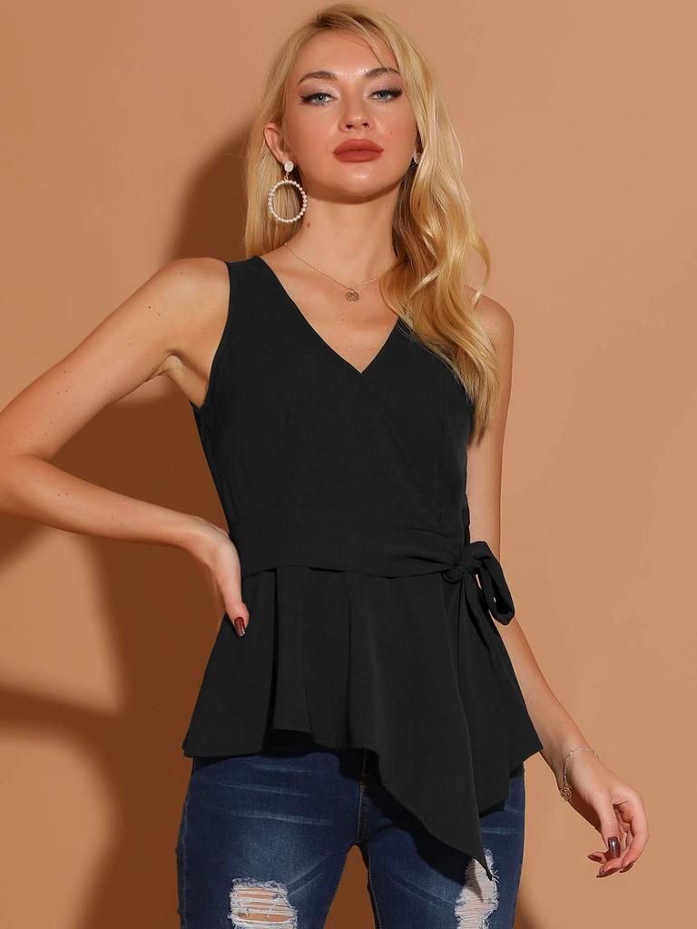 Allegra K Sleeveless Sweater Top with and Size XL Women's V-Neck Tie-Waist, Black,