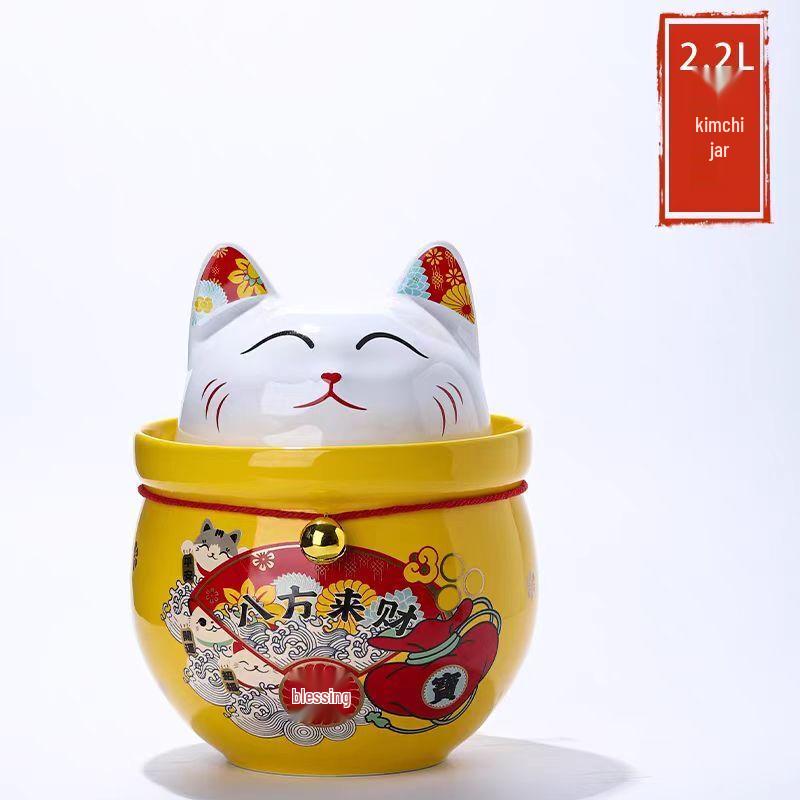 Yilimeng Jingdezhen Ceramic Lucky Cat Pickle & Storage Jar