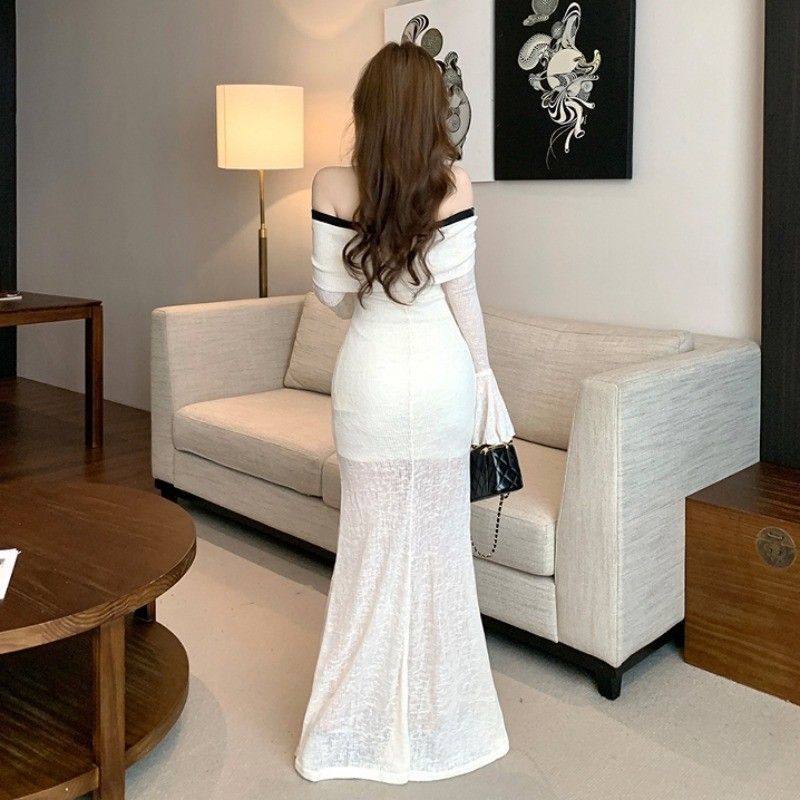 Elegant High Waist Long Sleeve Knit Dress With Colorblock Design For Fall 2025