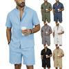 Men's Linen Two Piece Set Henley Collar Short Sleeve Shirt Elastic Waist Shorts Solid Color Casual Beach Outfit Summer Wear
