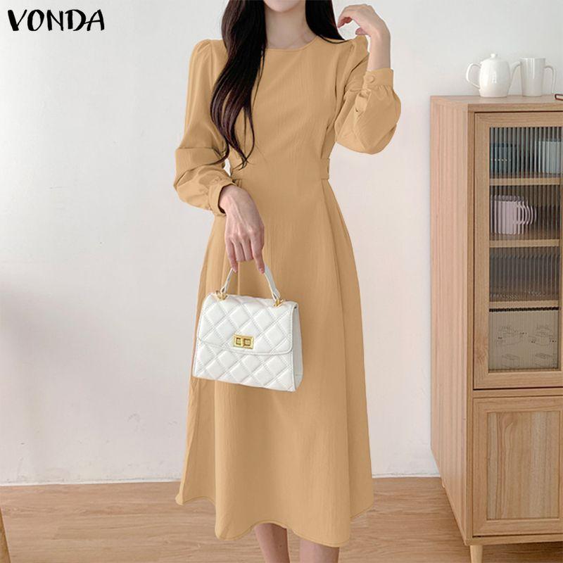 VONDA Women Elegant Round Neck Solid Color Casual Long Sleeve A-line Dress