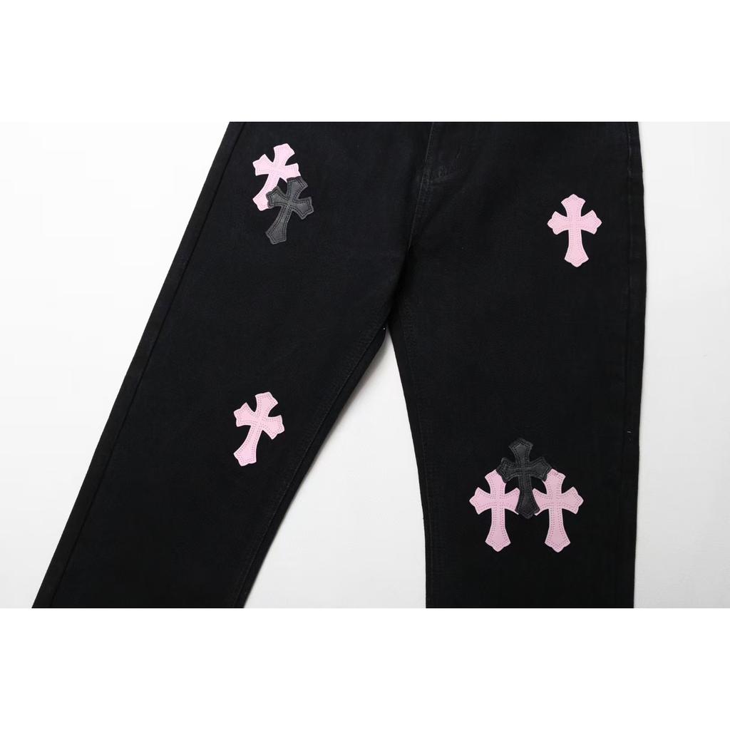 9905 CHROME HEARTS Men's and Women's American Style Trendy Jeans with Fabric Patches, Casual and Fashionable High Street Pants