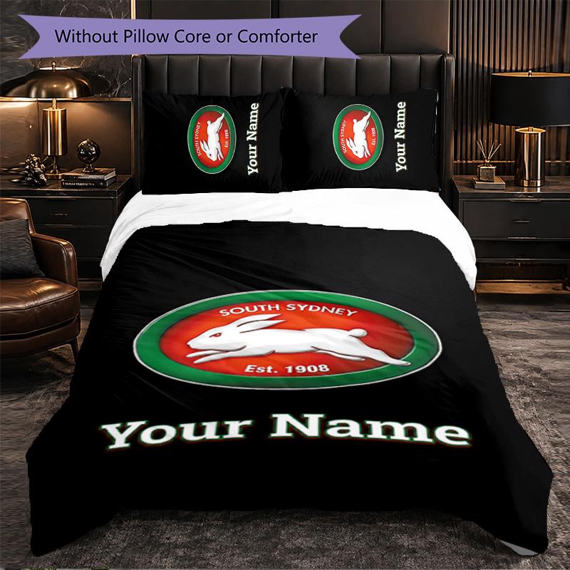 South Sydney Rabbitohs Customized Name Text Bedding Set, 1 Duvet Cover & 2 Pillowcases Personalized Bedroom Gift