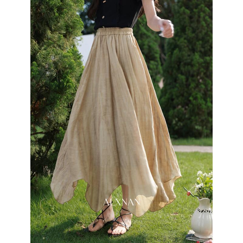 Women s Artistic Brown Linen A-Line Midi Skirt M
