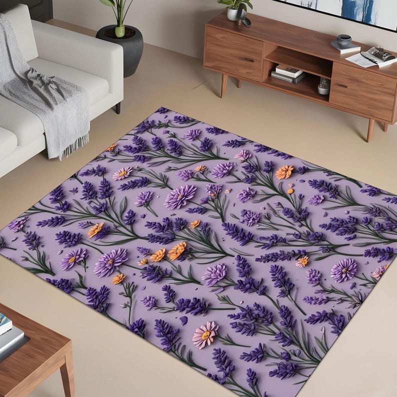 Lavender , Flower Vintage, Purple, Floral Kitchen Decor, Dried Lavender Bouquet Decor, Violet Living Room, Modern Rug