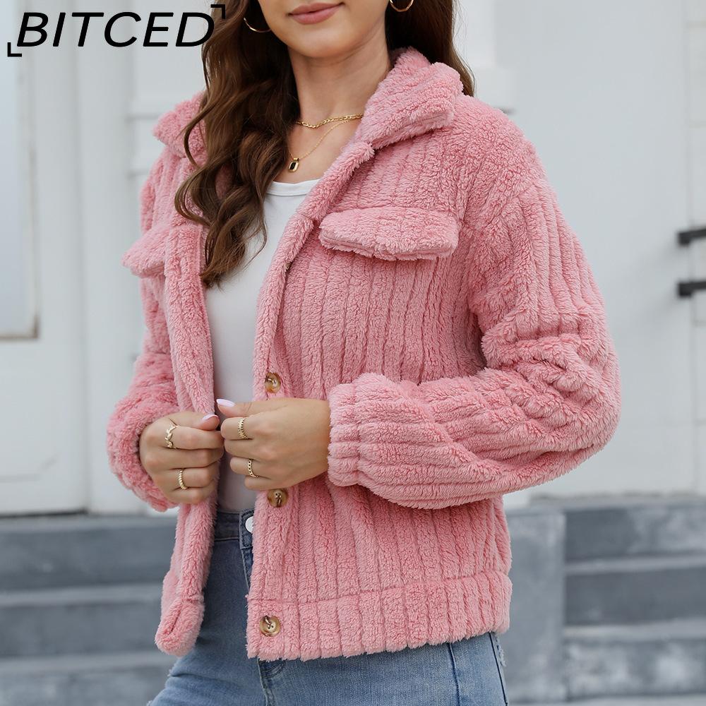 BITCED Women's Fall/Winter Ribbed Fleece Cardigan with Collar, Short-Length Jacket