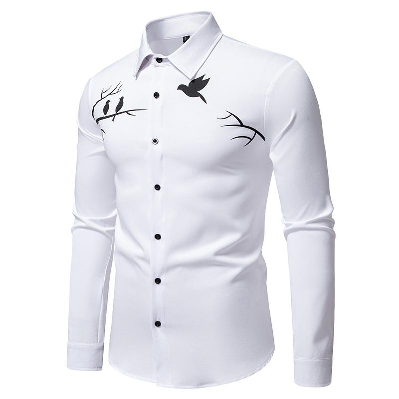 Men's Bird Print Dress Shirt Long Sleeve Casual Formal Top for Men Spring Autumn Fashion Multi-Color Male Blouse