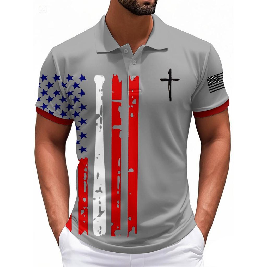 Modisches Herren-Freizeit-Oberteil mit Unabhängigkeitstag-Print am Hals und kurzen Ärmeln