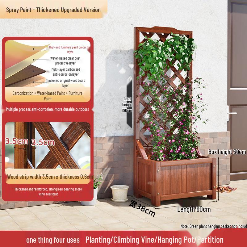 Carbonized Wooden Planter with Trellis: Outdoor Anticorrosive Flower Pot and Climbing Rack for Balcony or Garden.