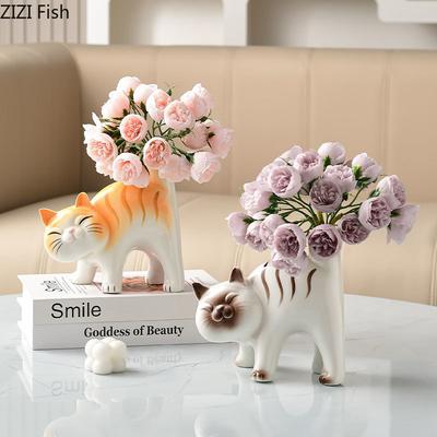 Cute Kitten Ceramic Vase Siamese Kitten Vases Table Decoration Artificial Flower Flowers Arrangement Room Aesthetic Decor