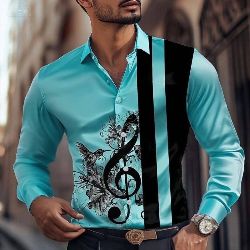 2025 Men's Striped Musical Note Dress Shirt Button Long Sleeve Fashion Casual Autumn Lapel Shirt 3D Printing Men Clothing