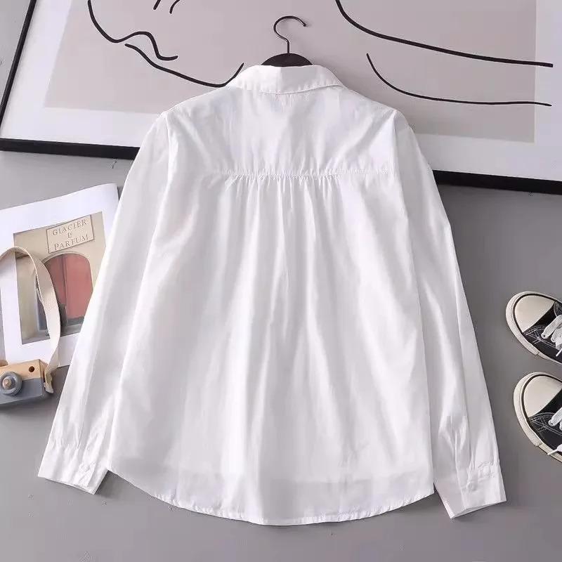 Spring Autumn White Shirts Women Turn Down Collar Embroidered Long Sleeve Casual Little Blue Flower