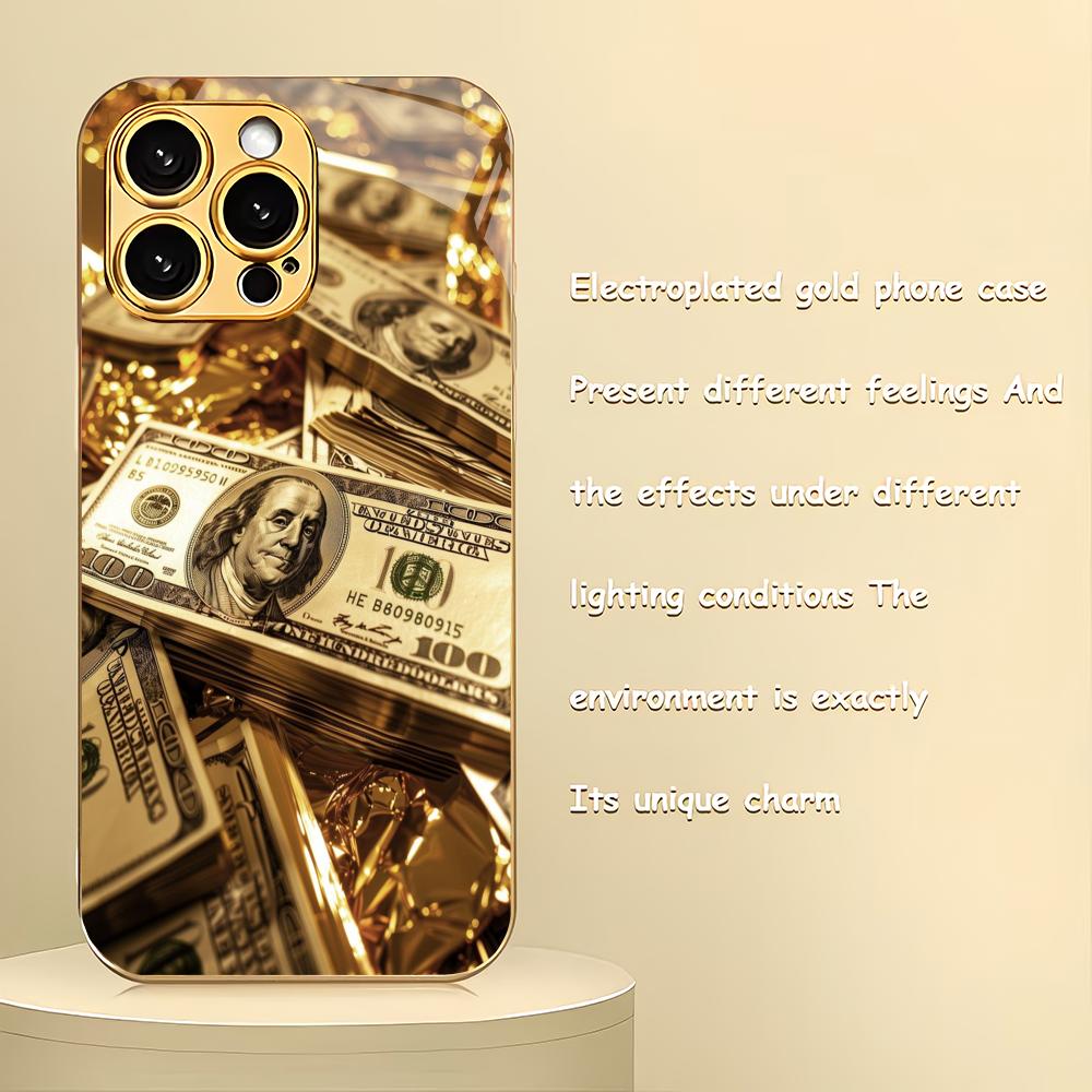 USD Banknote Pattern Electroplated Glass Phone Case Suitable for iPhone 17 16 15 14 13 12 11 Pro/Max/Plus Shockproof Back Cover