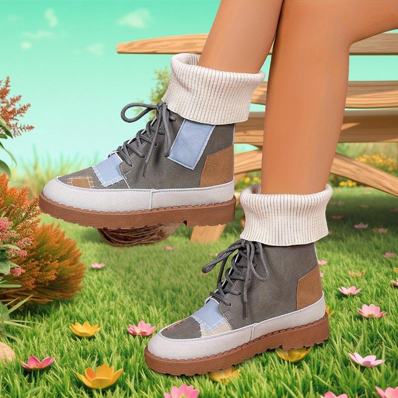 Beige & Blau Karierte Klobige Niedrige Absatz Schnürstiefeletten - Runde Zehenpartie Lässig Winter mit Sohle & Obermaterial aus Stoff
