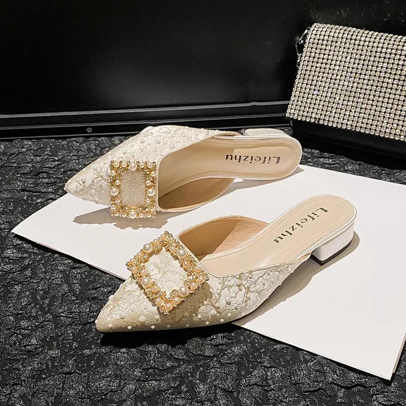 Sommer Damen Schuhe Mode Hausschuh Seide Spitze Lässige Slides Mädchen Absätze Mules Schuhe