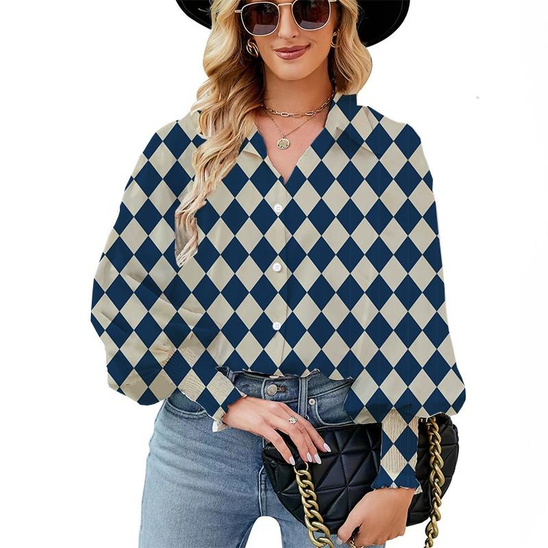 

Женская рубашка с воздушным шаром с рукавом Универсальная 3D цифровая печать Клетчатая отделка Пышные рукава Пригородный женский топ