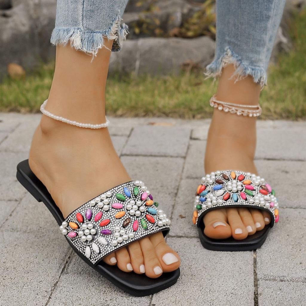 2025 Summer New Large Flat Square Rhinestone Slippers Women's Beach Sandals