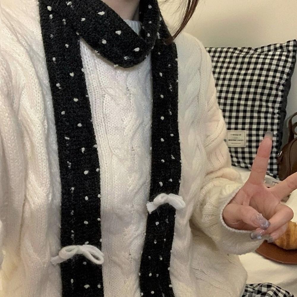 Polka Dot Bow Wool Shawl Y2K Long Narrow Scarves All-match Knitted Scarf  Streetwear