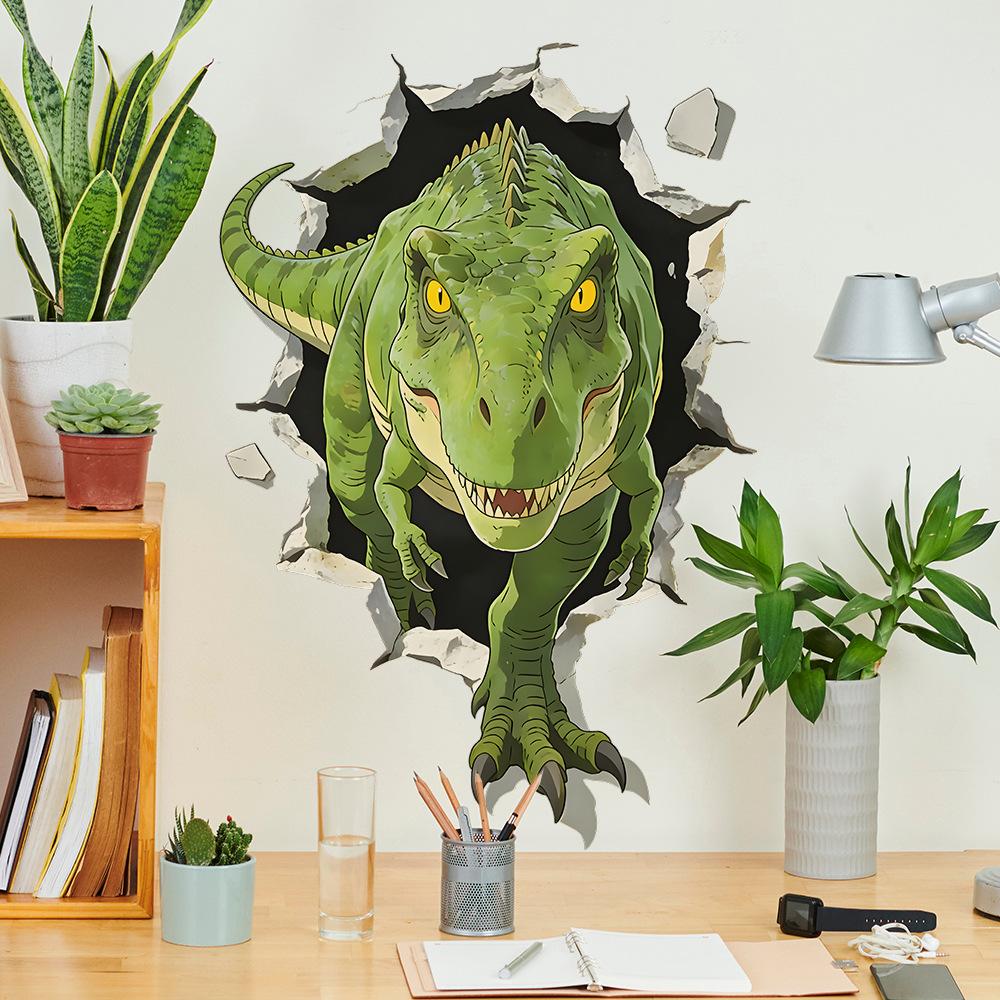Cartoon Dinosaur Breaking Through The Wall - Fierce - Children's Room Bedroom Wall Decoration Stickers
