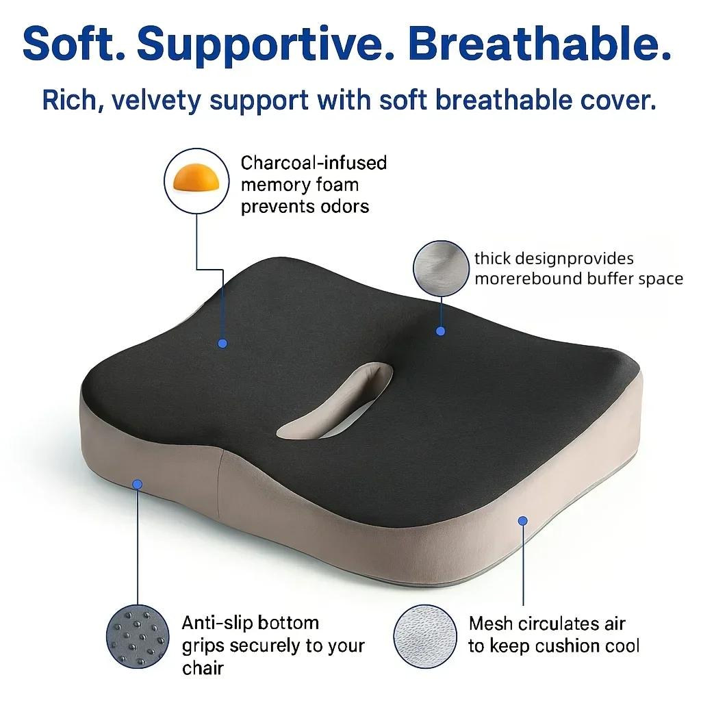 1pc Ergonomic Memory Foam Seat Cushion - Comfort Support for Office Chair, Home Desk, Car, and Wheelchair - Relieves Pressure
