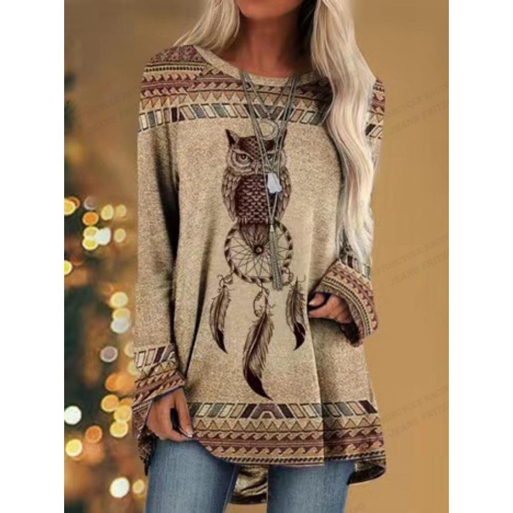 Large-sized Women's Printed Long-sleeved Shirt - Casual Pullover Long-sleeved Top, 100% Polyester Knitted Fabric