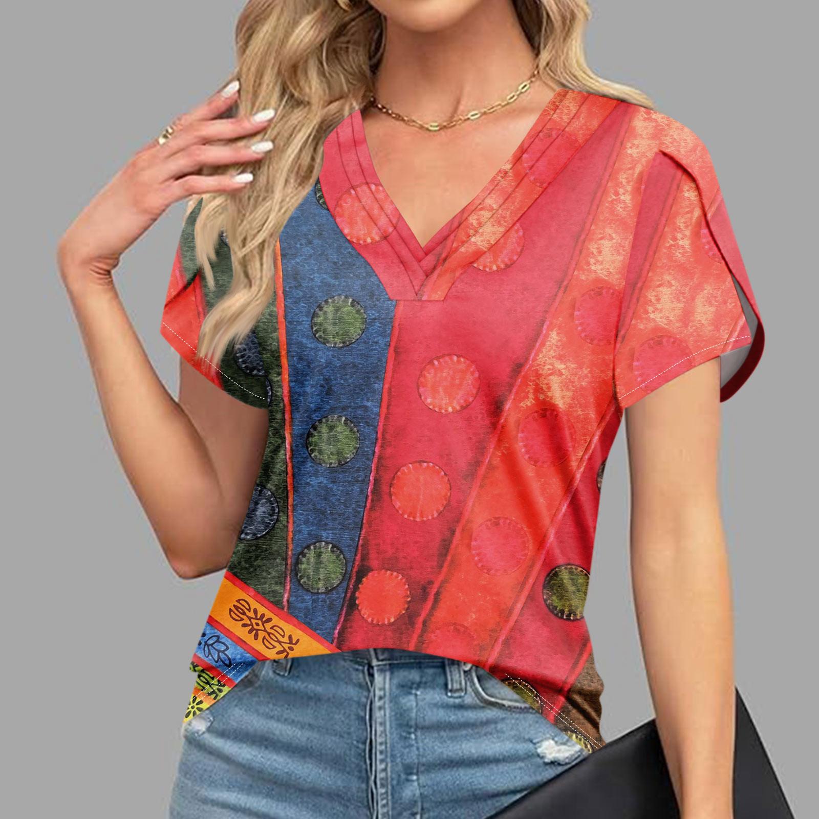 

Блузки для жінок Одягнений повсякденний, модний принт, короткий рукав, ретро-принт, футболка Унікальний дизайн, V-подібний виріз, великі футболки XL кавун червоний колір