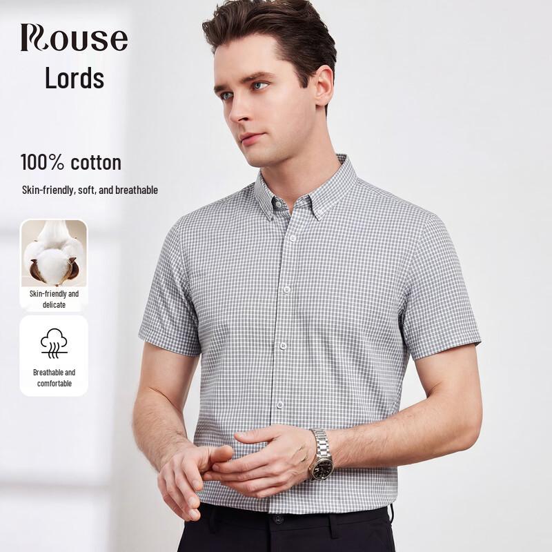 Luotz Men s 100% Cotton Plaid Short-Sleeve Shirt 52