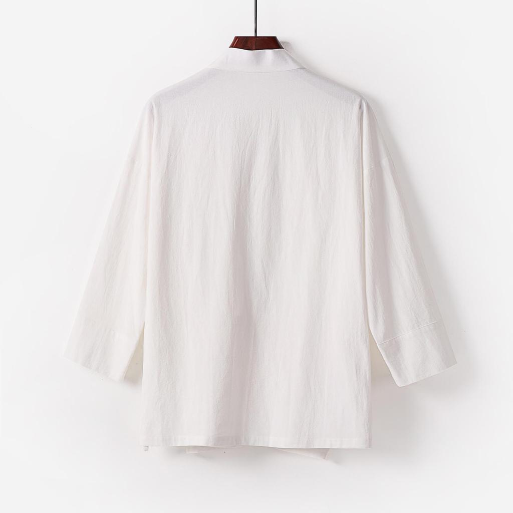 Pánský bavlněný lněný Tang oblek nadměrné velikosti: Sedmikrkavý Hanfu Daoistická košile a roucho Dvoudílná sada v čínském stylu