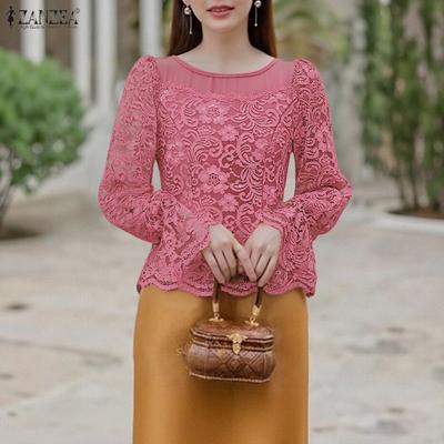 Womens Casual Round Neck Long Sleeve Patchwork Lace Blouse