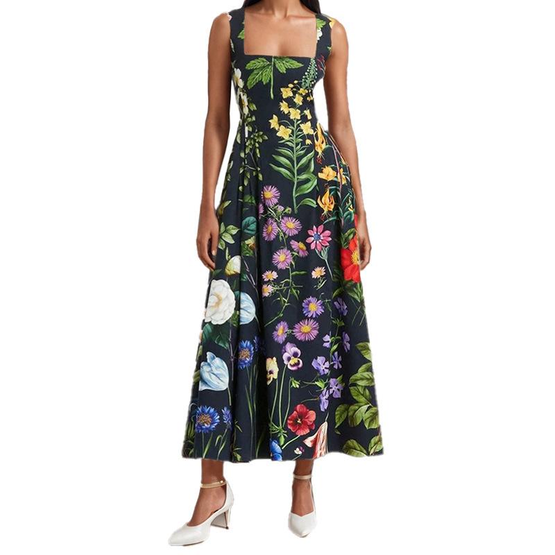 2026 spring new European and American women's clothing fashionable and sexy printed backless strap pendulum dress