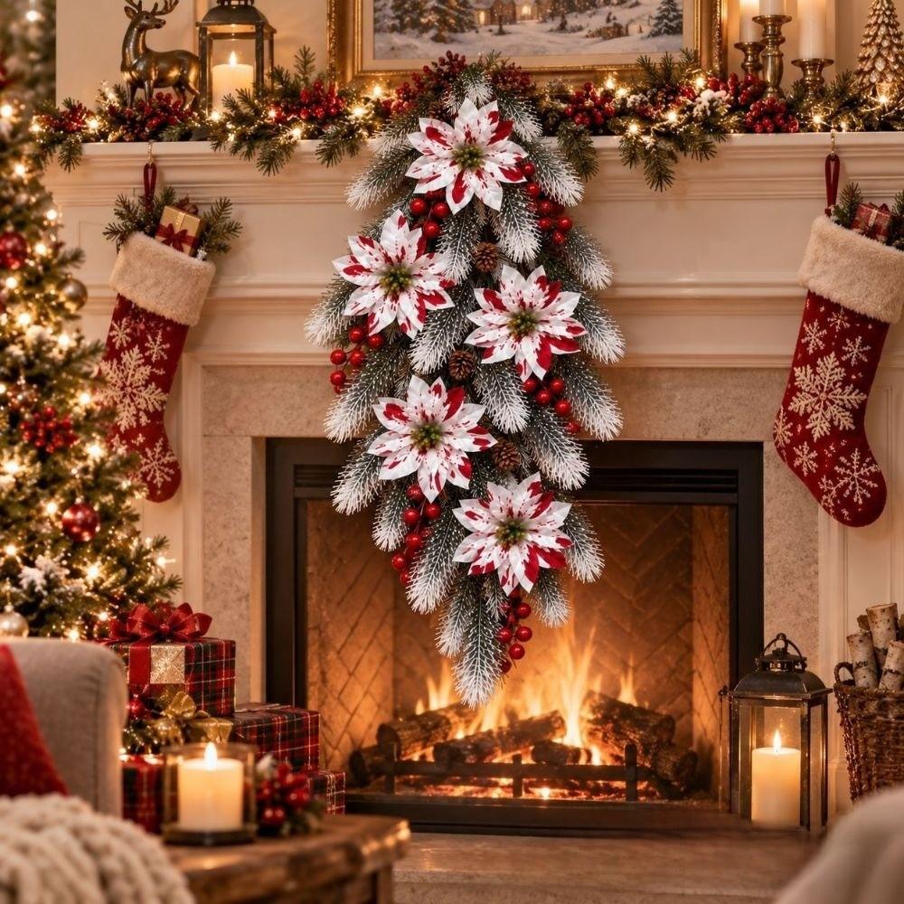Gold Powder Christmas Wreath Artificial Poinsettia Fake Flower Wreath Holiday Decoration