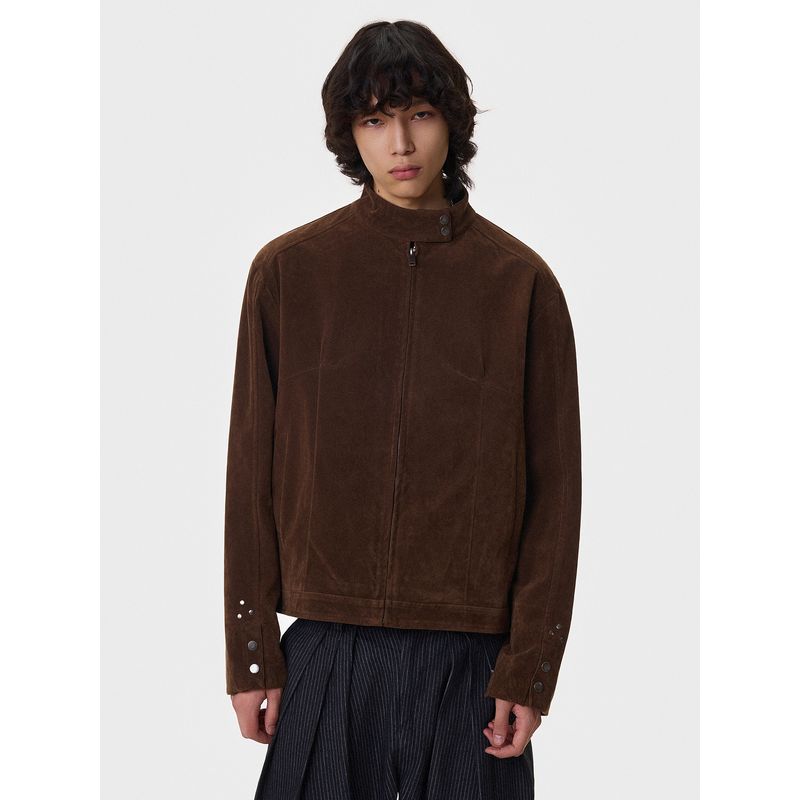 Blaexit American Retro Deconstructed Patchwork Suede Jacket for Men and Women Early Autumn Velvet Leather Harrington Stand Collar Jacket