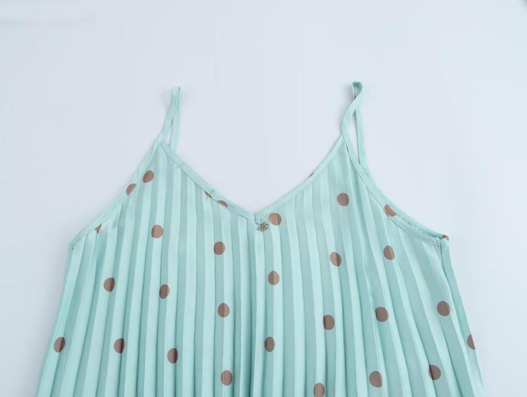 2025 Spring/Summer Polka Dot Spaghetti Strap Pleated Maxi Dress