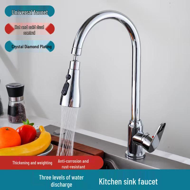 Stainless Steel Telescopic Rotatable Pull-Out Kitchen Faucet with Dual Water Outlets