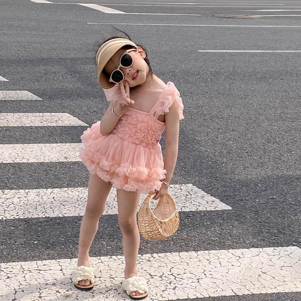 Girls' Pink Backless Mesh Skirt Swimsuit - 2025 Summer Collection