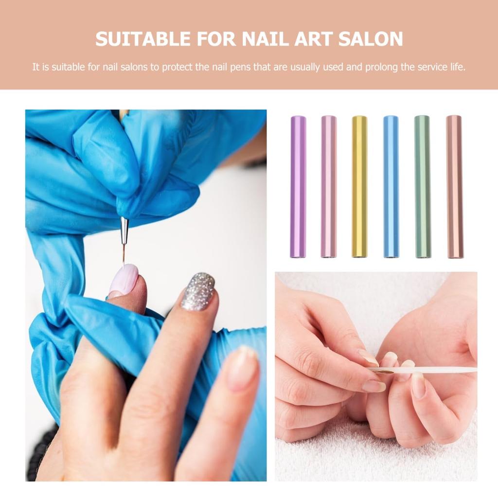 PAMINGONO Nail Pen Set of Zinc Nail Brush Sealed Manicure Pen Protective Inch Nail Art Tools Caps, 6, Alloy, Light-Blocking Covers, Light-Resistant