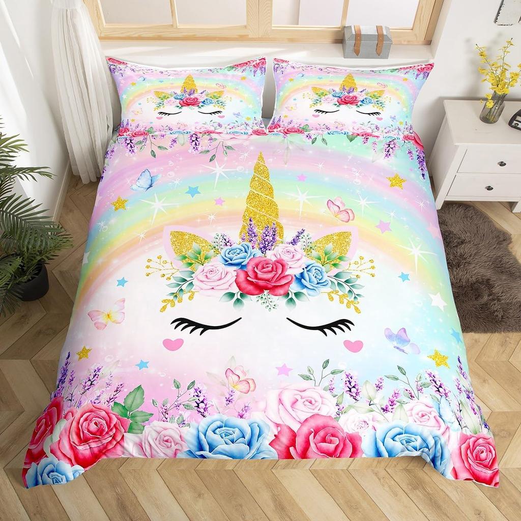 Cartoon Unicorn Duvet Cover Floral Rainbow Quilt Cover Microfiber 3D Girl's Eyelash Bedding Set Full For Kids Teen Kawaii Room