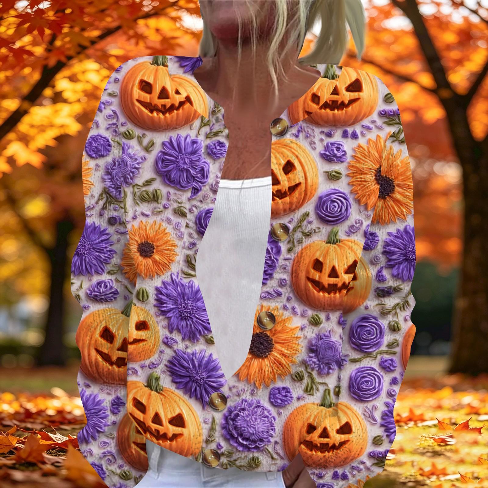 Women s Long Sleeve Knit Cardigan with Halloween Print and Button Front S
