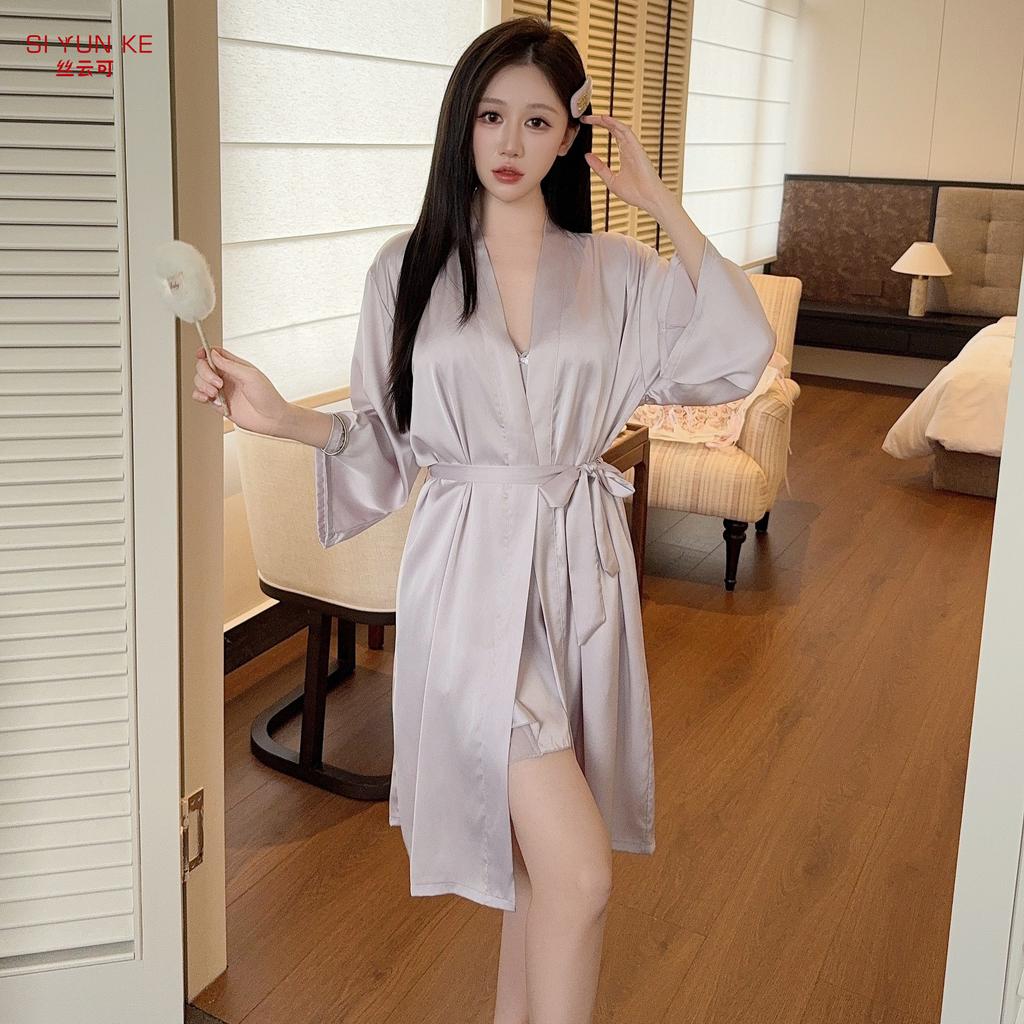 1011 Summer New Ice Silk Pajamas Female Sexy Pure Desire Wind Halter Suspender Nightgown Two-piece Set with Chest Pad