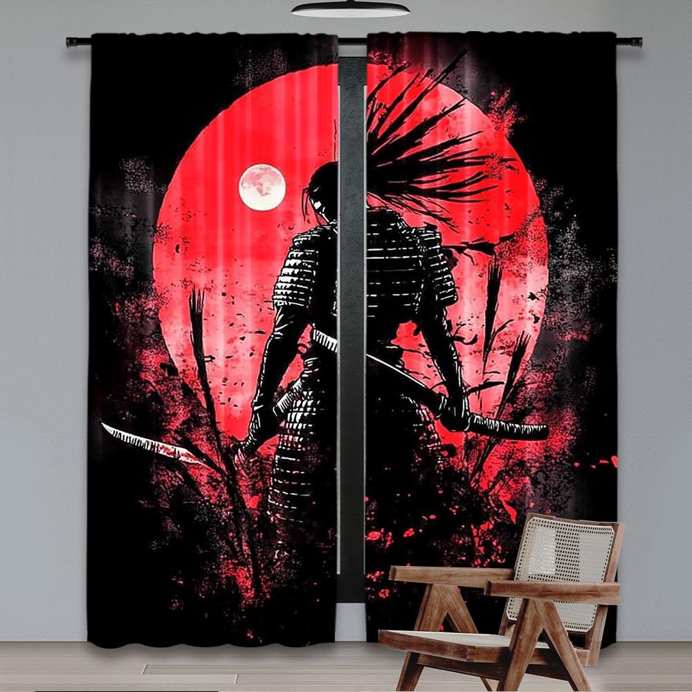 2Pcs Anime Samurai Curtain Cool Japanese Black And Red Art Curtain For Bedroom Asian Chinese Red Sun Curtain For College Dorm