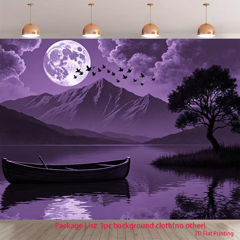 2D Full Moon Lake Tapestry - Purple Sky, Boat & Flock of Birds Wall Decor 47.2x31.5inch/120*80cm