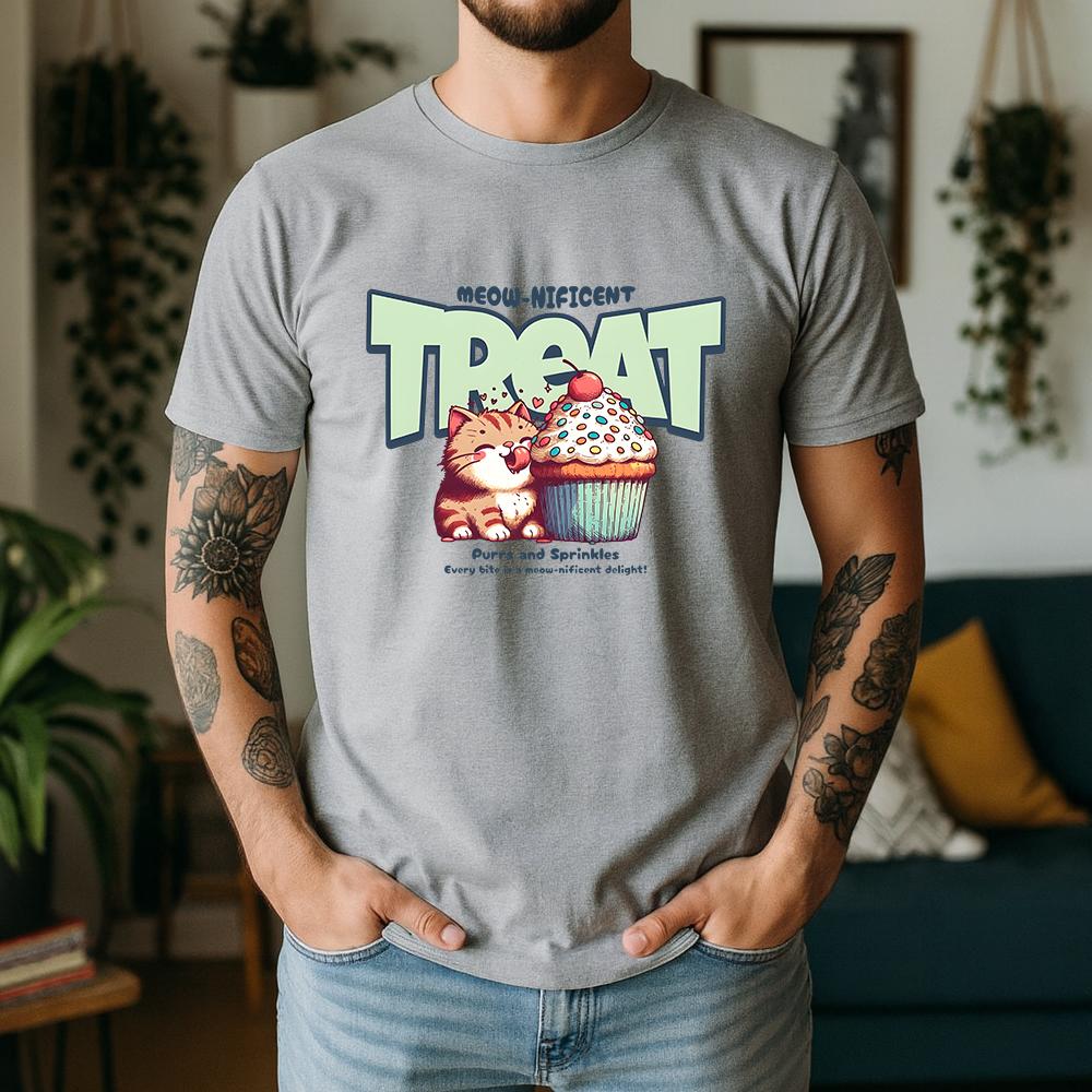 New Summer Unisexs 100 Cotton TShirt Retro Cat With Cupcake Casual Breathable Short Sleeve Daily Wear