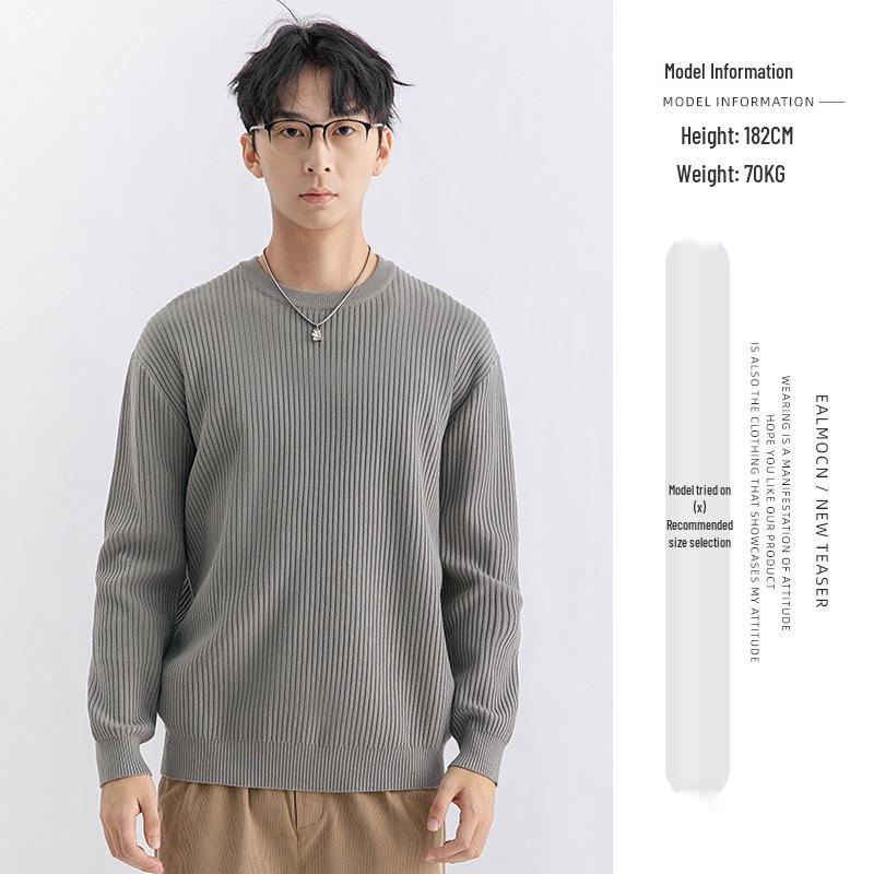 

Мужской вязаный свитер в вертикальную полоску - Повседневный с круглым вырезом, Универсальный теплый базовый слой для осени/зимы L светло-серый