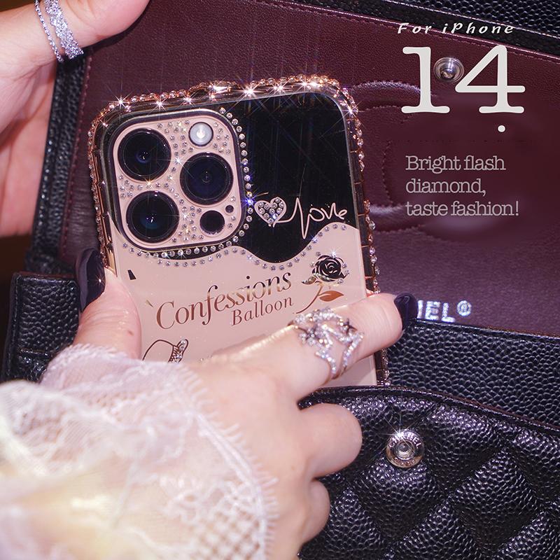 Snake Head Diamond Border Balloon Backboard with Acrylic Material Lens Film Case for iPhone 15 14Plus 13 12 11 Pro Max XSMax 8 7 Plus Protective Cover