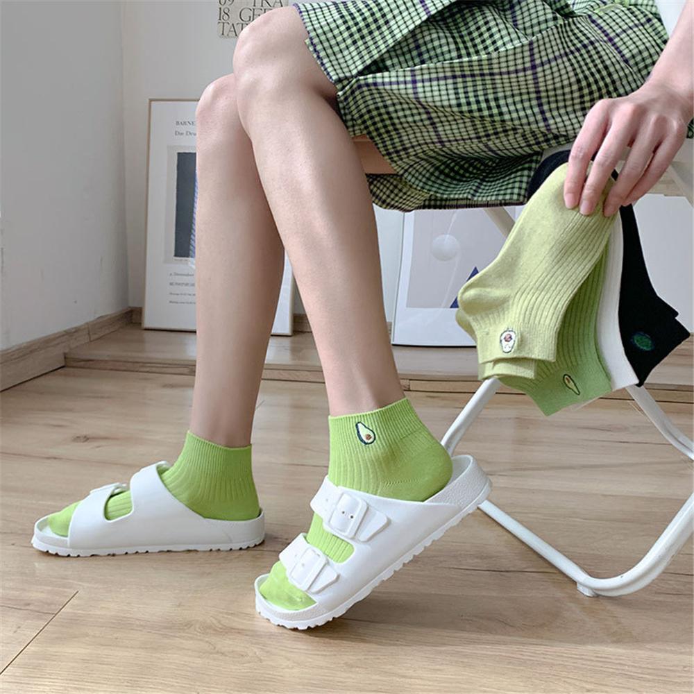 Women Solid Avocado Embroidery Socks Casual Joker Cotton Short Socks for Ladies Concise College Style Breathable Sox Trendy